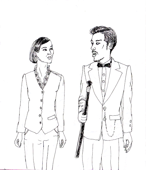 man with a walking stick and a woman walking and talking